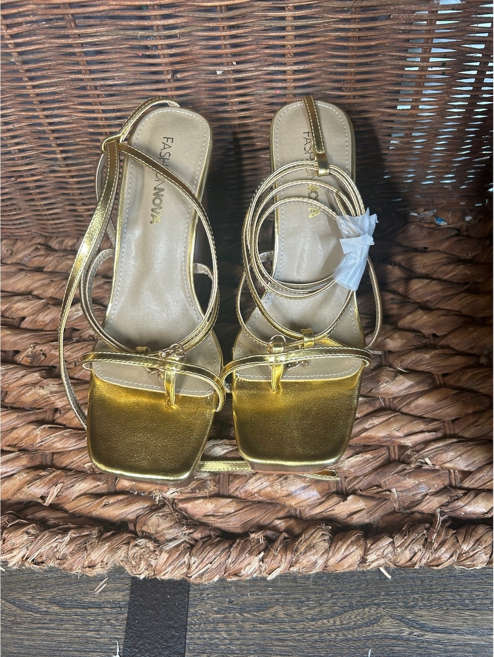 Metallic gold ankle-strap block heel sandals